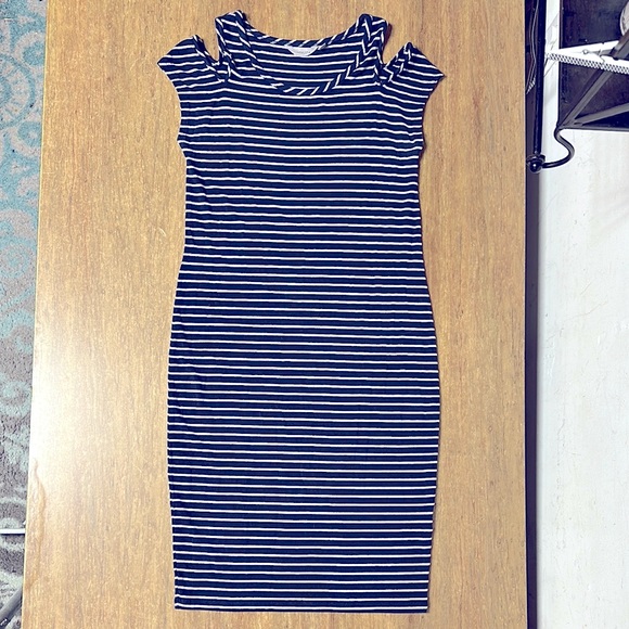 Athleta like new cold shoulder navy Heather grey stretchy soft knit midi dress - Picture 2 of 8